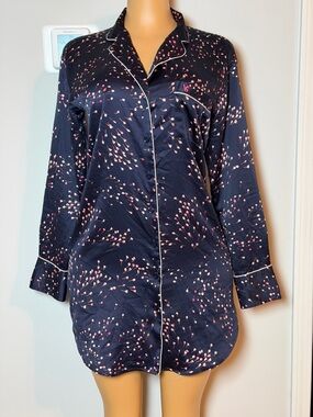 Victoria's Secret After Hours Navy Satin Nightshirt with Pink Petal Accents